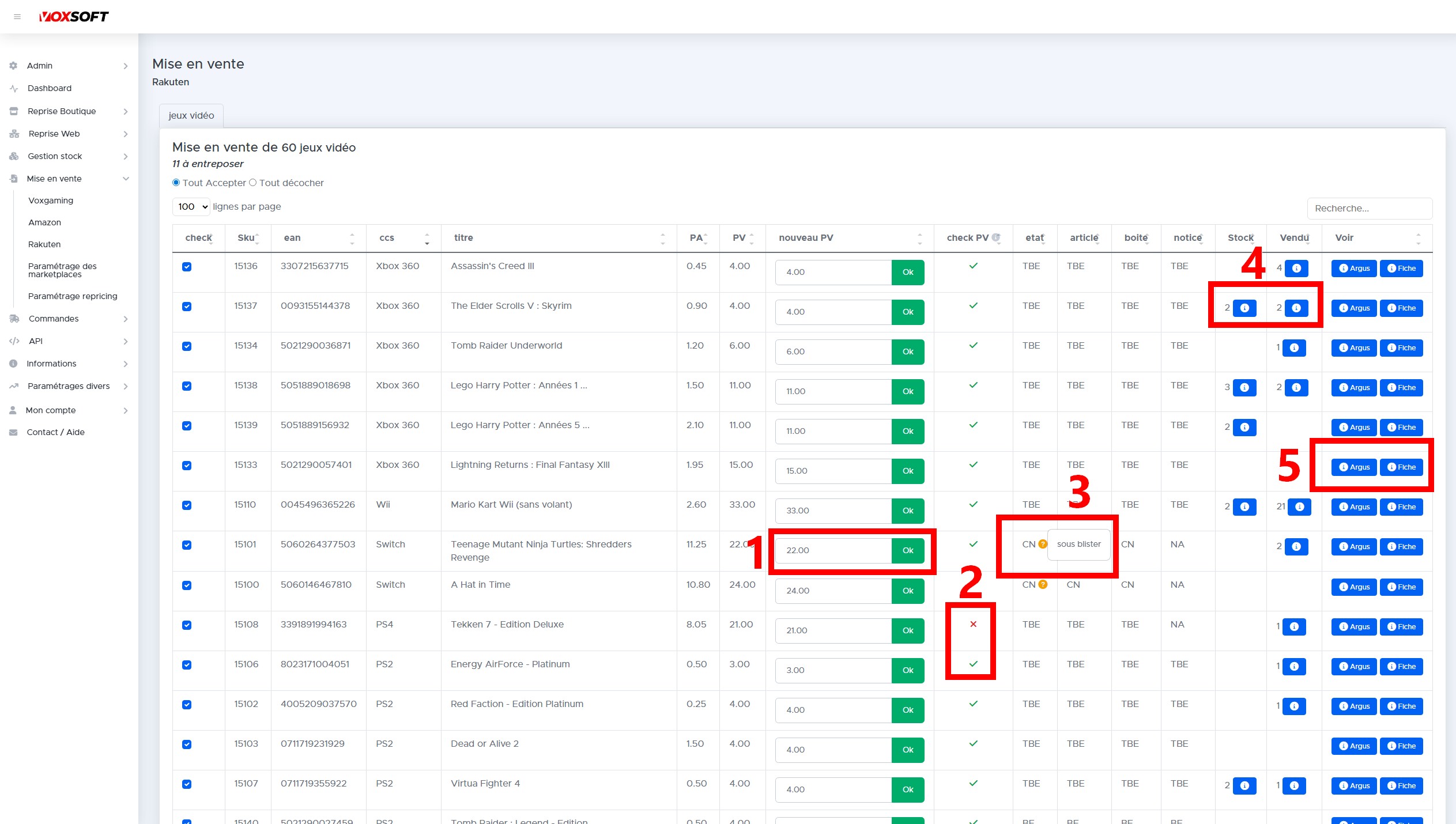 Tableau de mise en vente avec colonnes prix, état, indicateurs de contrôle et actions.