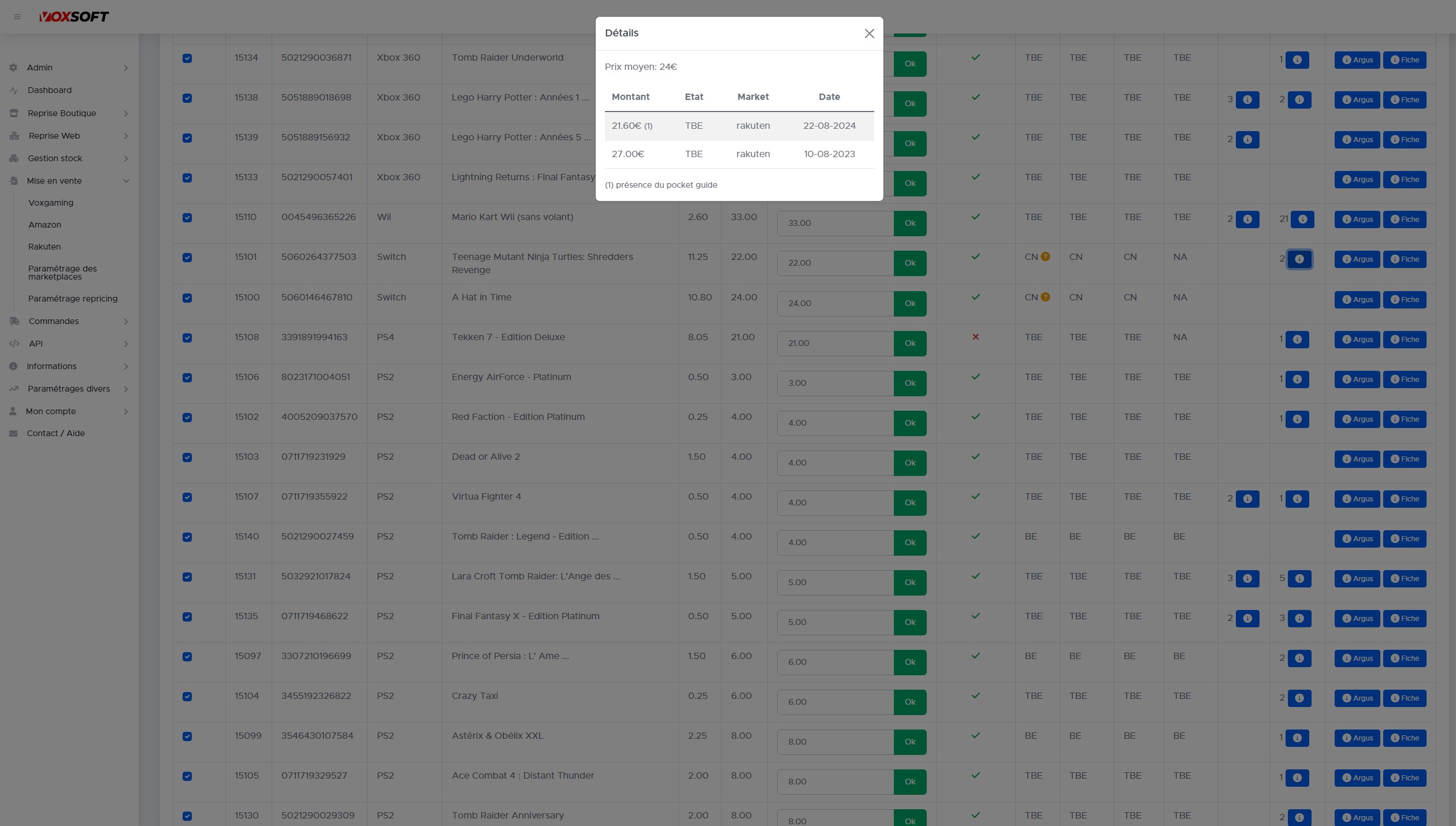 Fenêtre historique des ventes avec montant, état, marketplace et date.