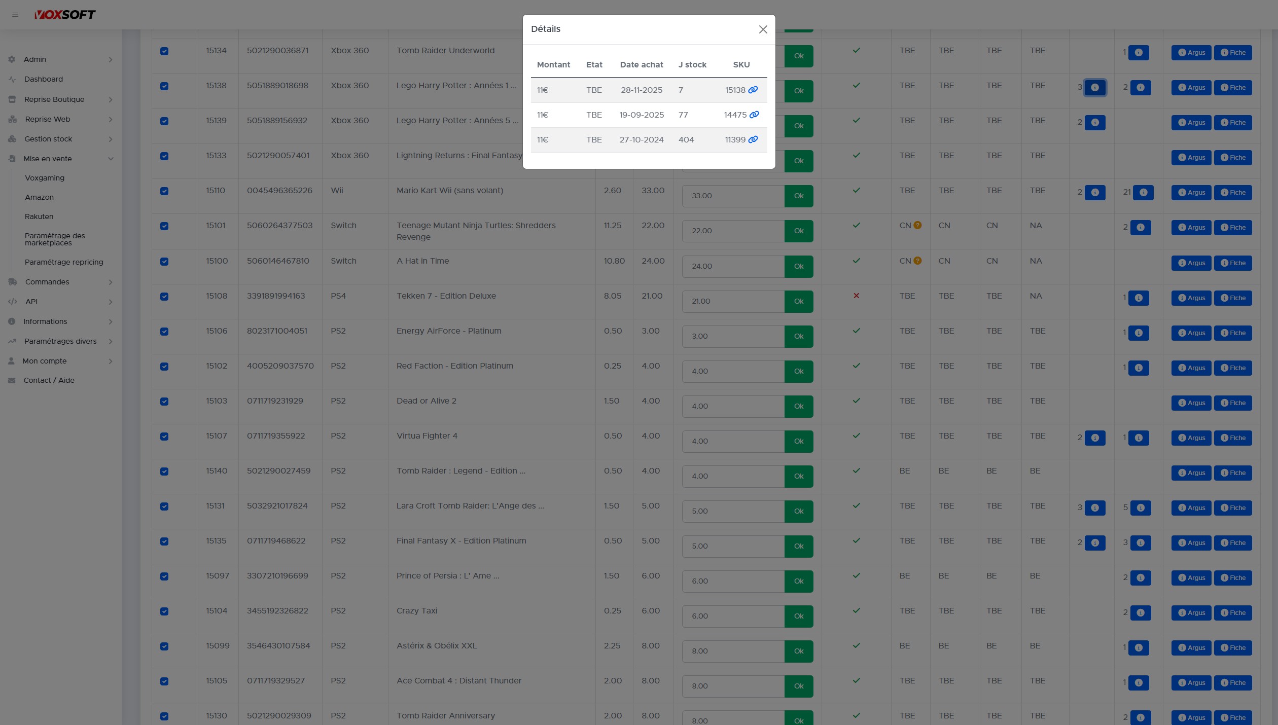 Fenêtre détail du stock avec montant, état, date d'entrée et jours en stock.