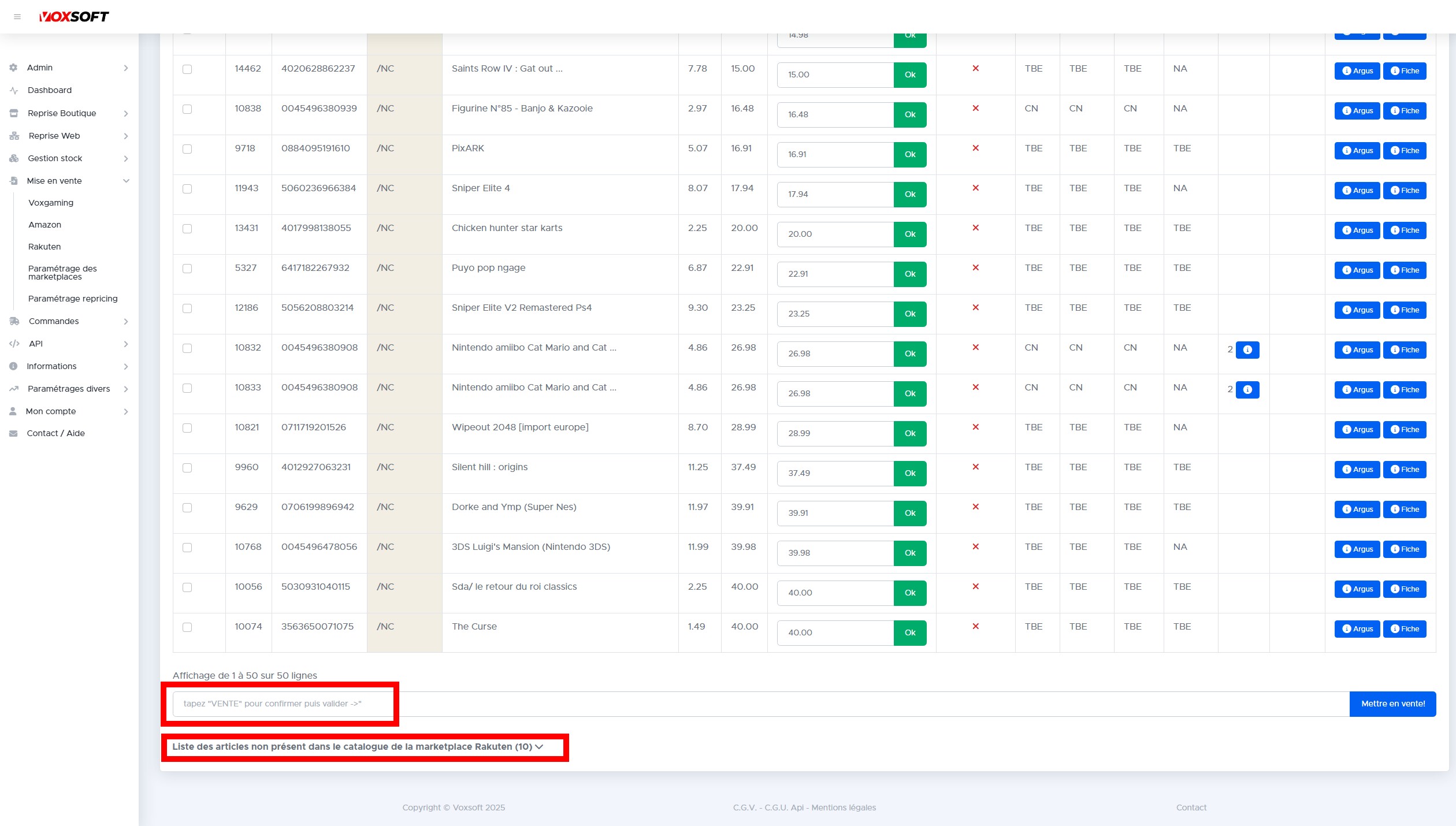Bas de page avec champ de confirmation et liste des jeux non présents dans le catalogue.