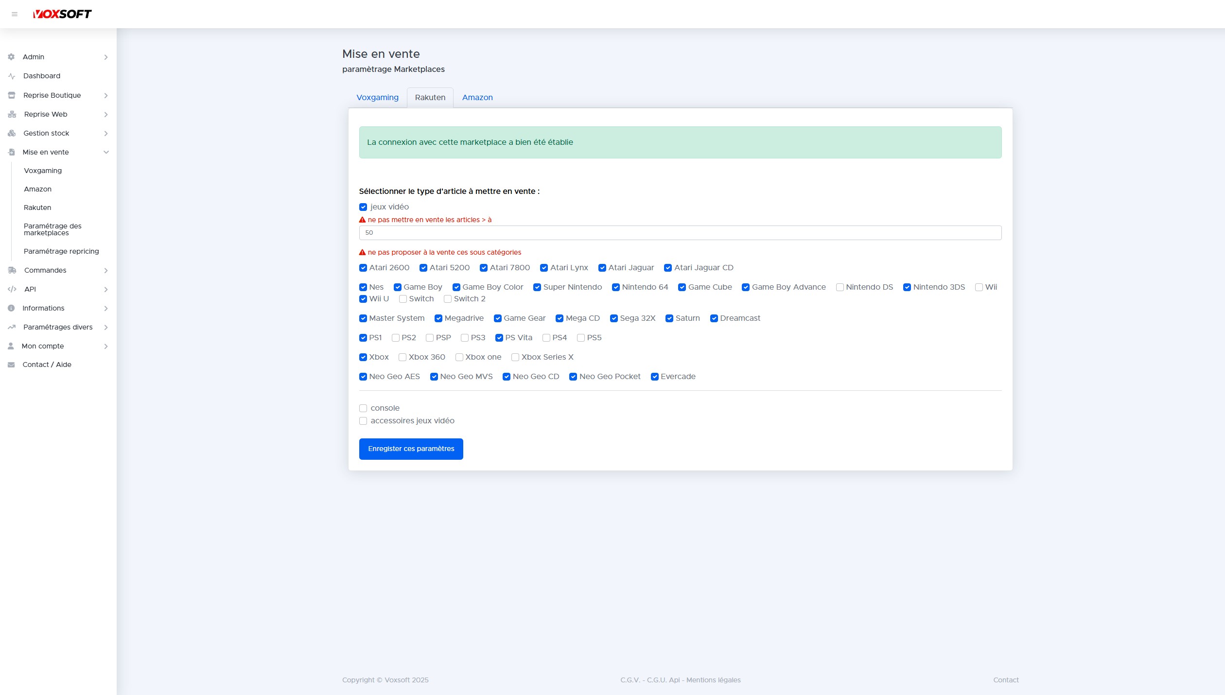 Écran de paramétrage flux marketplace avec types d'articles, seuil de prix et supports exclus.