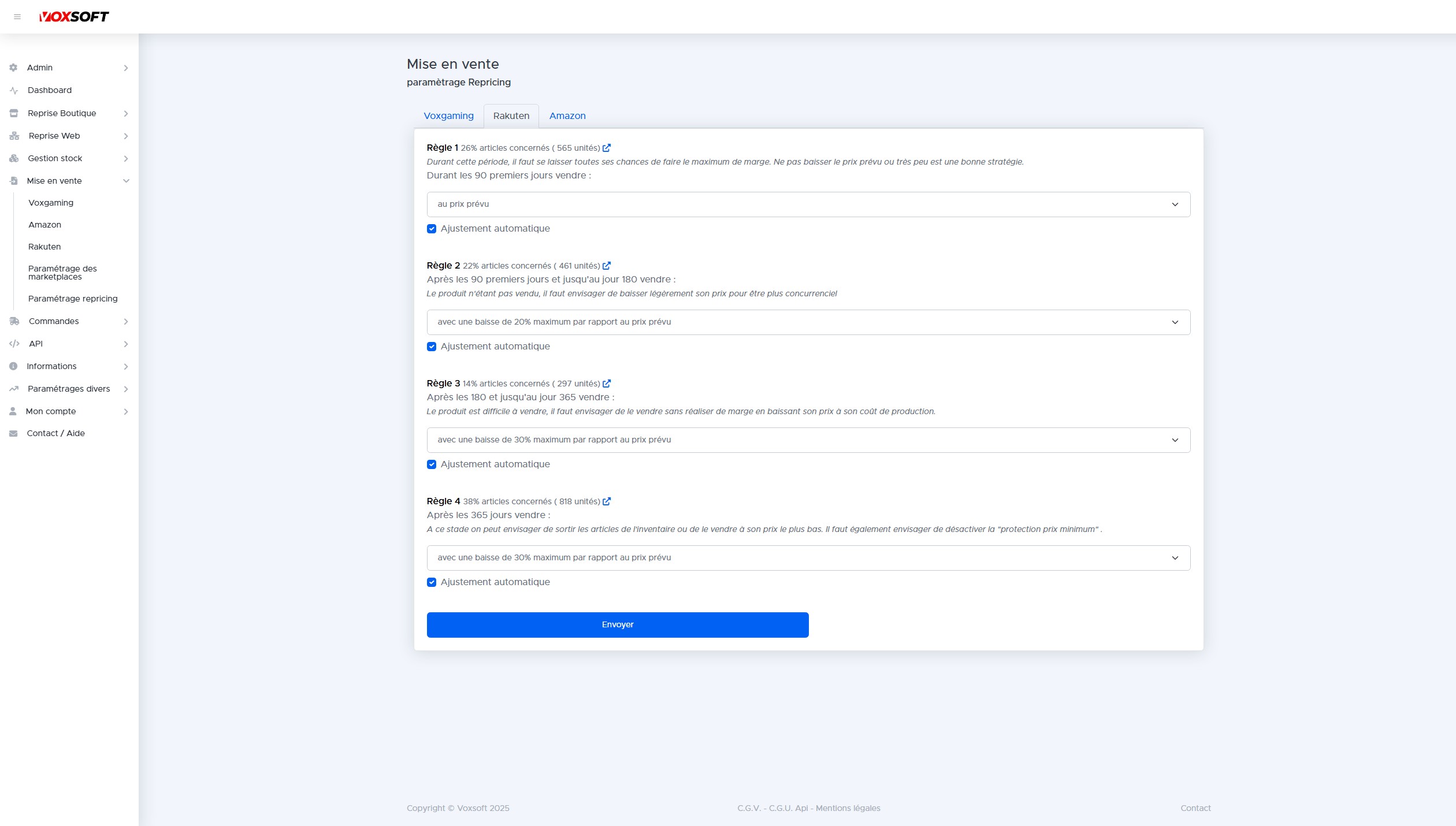 Écran de paramétrage repricing automatique avec 4 règles temporelles.