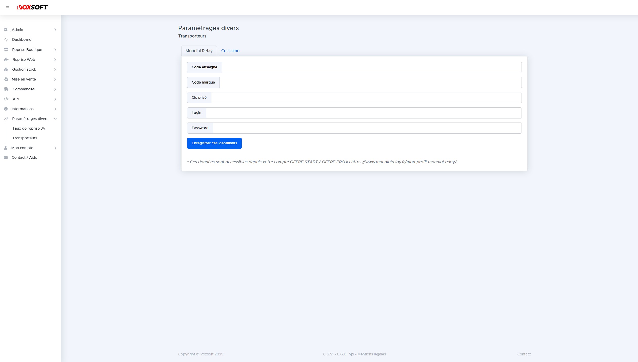 Écran de paramétrage des transporteurs avec identifiants Mondial Relay et Colissimo.