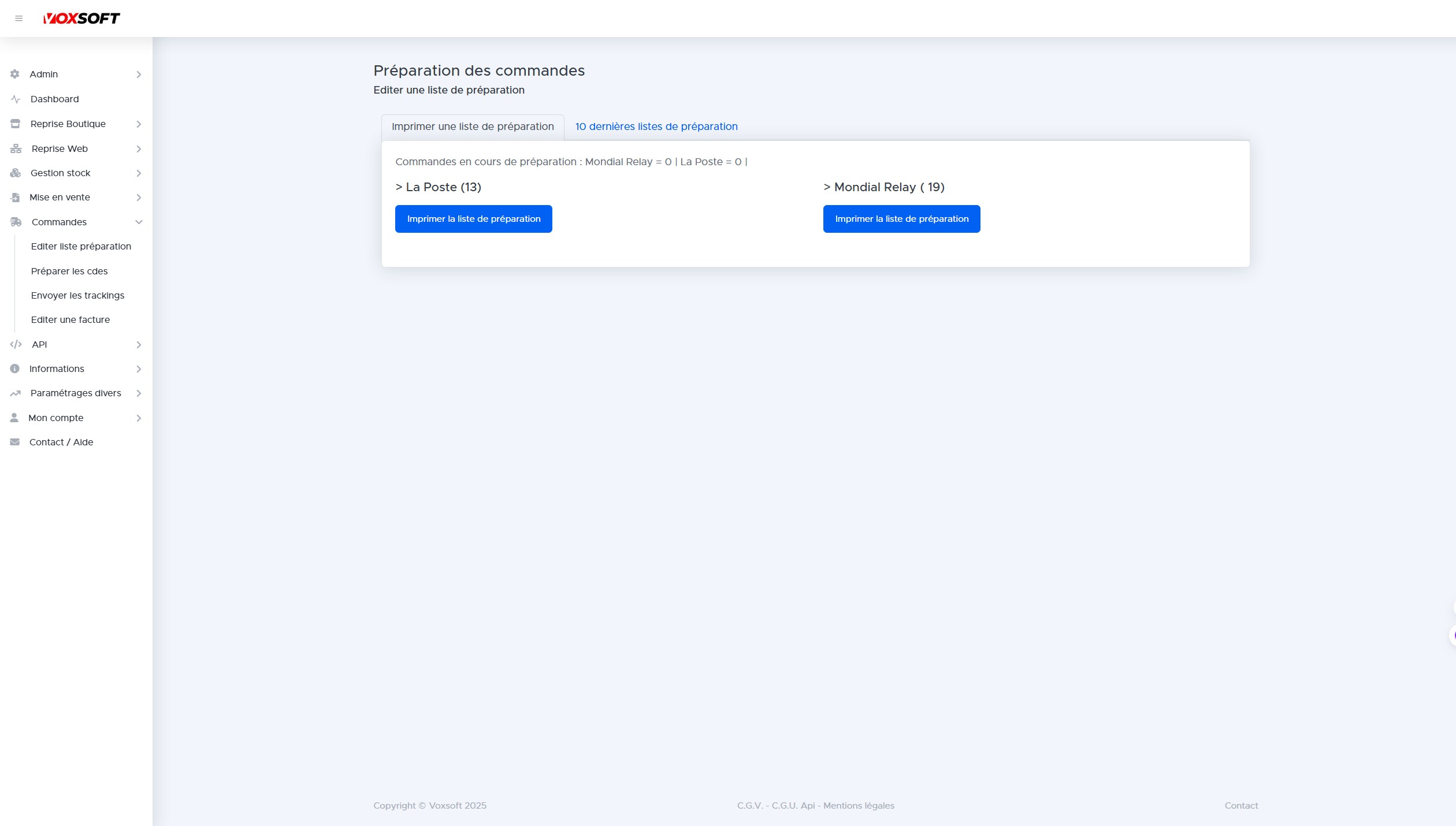 Écran d'édition de liste de préparation avec choix La Poste ou Mondial Relay.