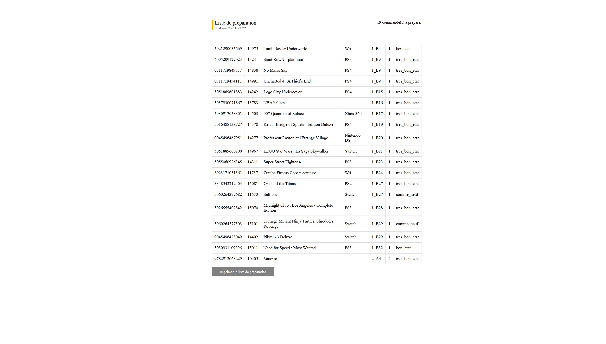 Liste de préparation imprimable avec chemin de picking optimisé.