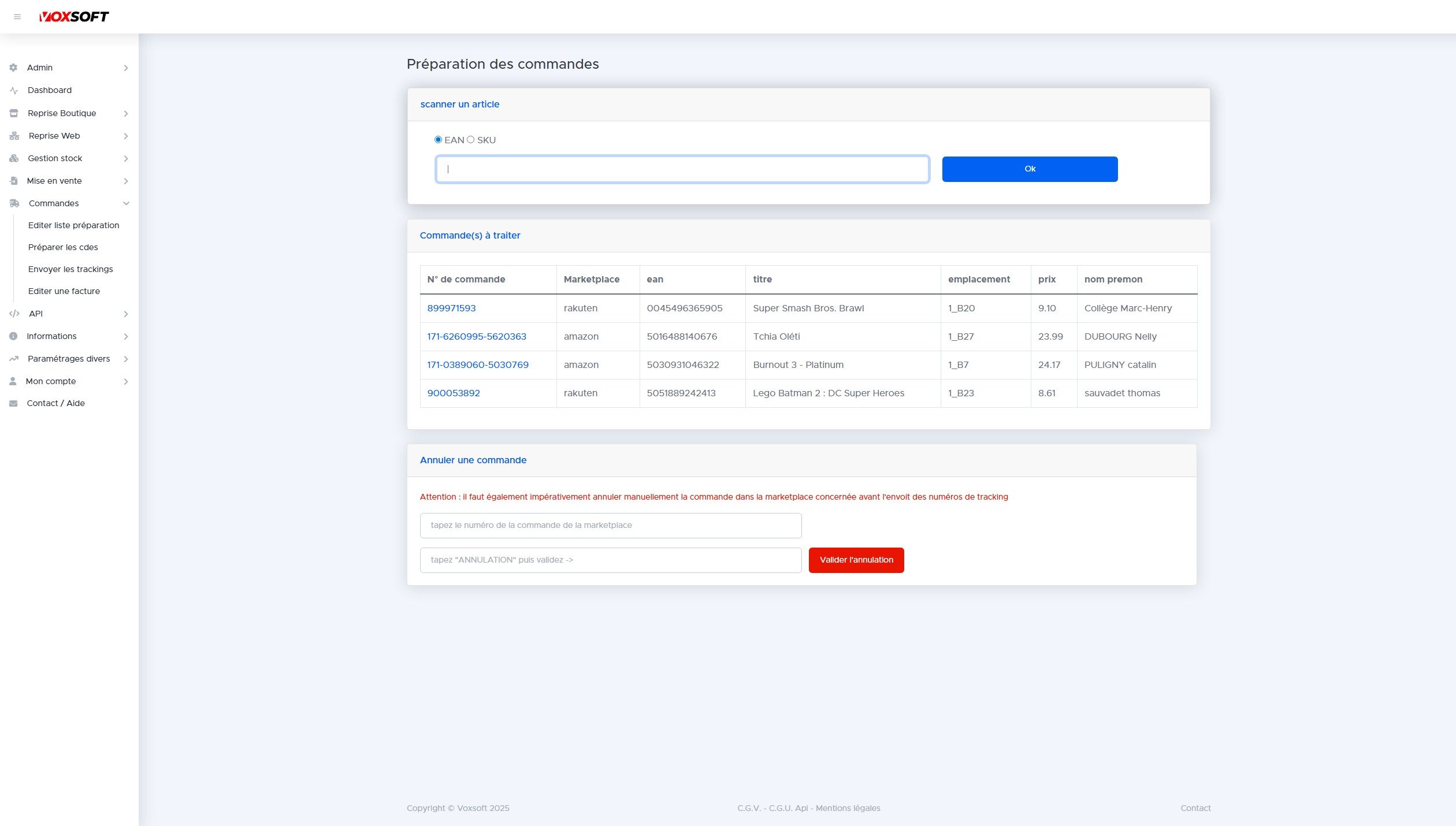 Vue préparation des commandes avec champ scan EAN et liste des commandes.