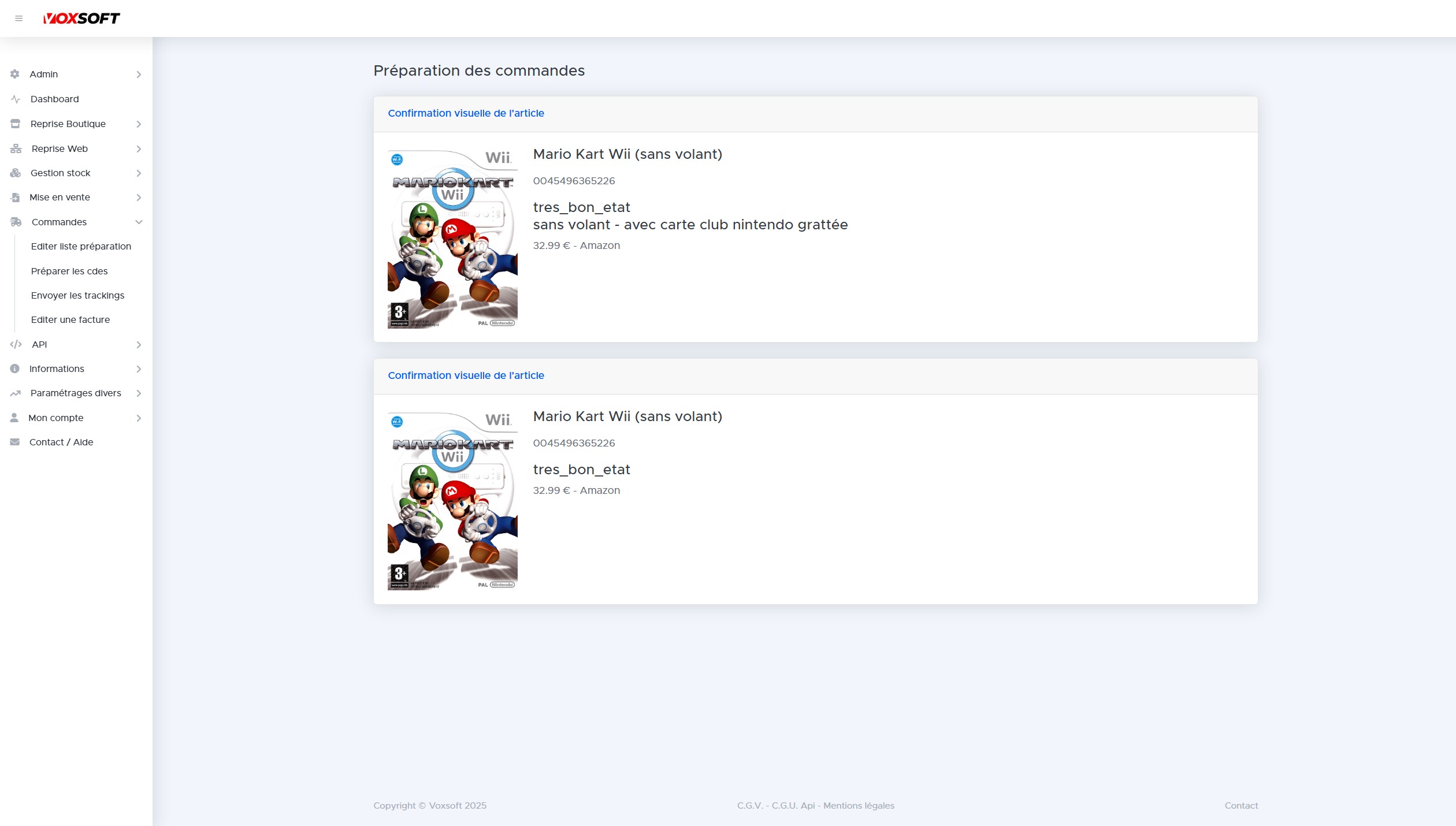 Écran de confirmation visuelle avec jaquette du jeu, état et prix.