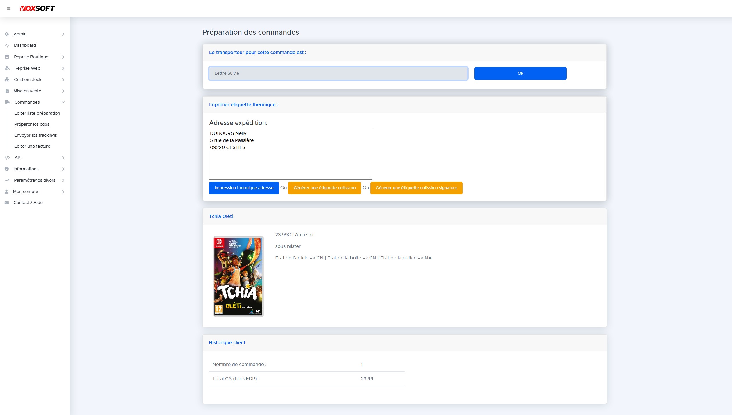 Écran d'expédition La Poste avec adresse, impression thermique et génération Colissimo.