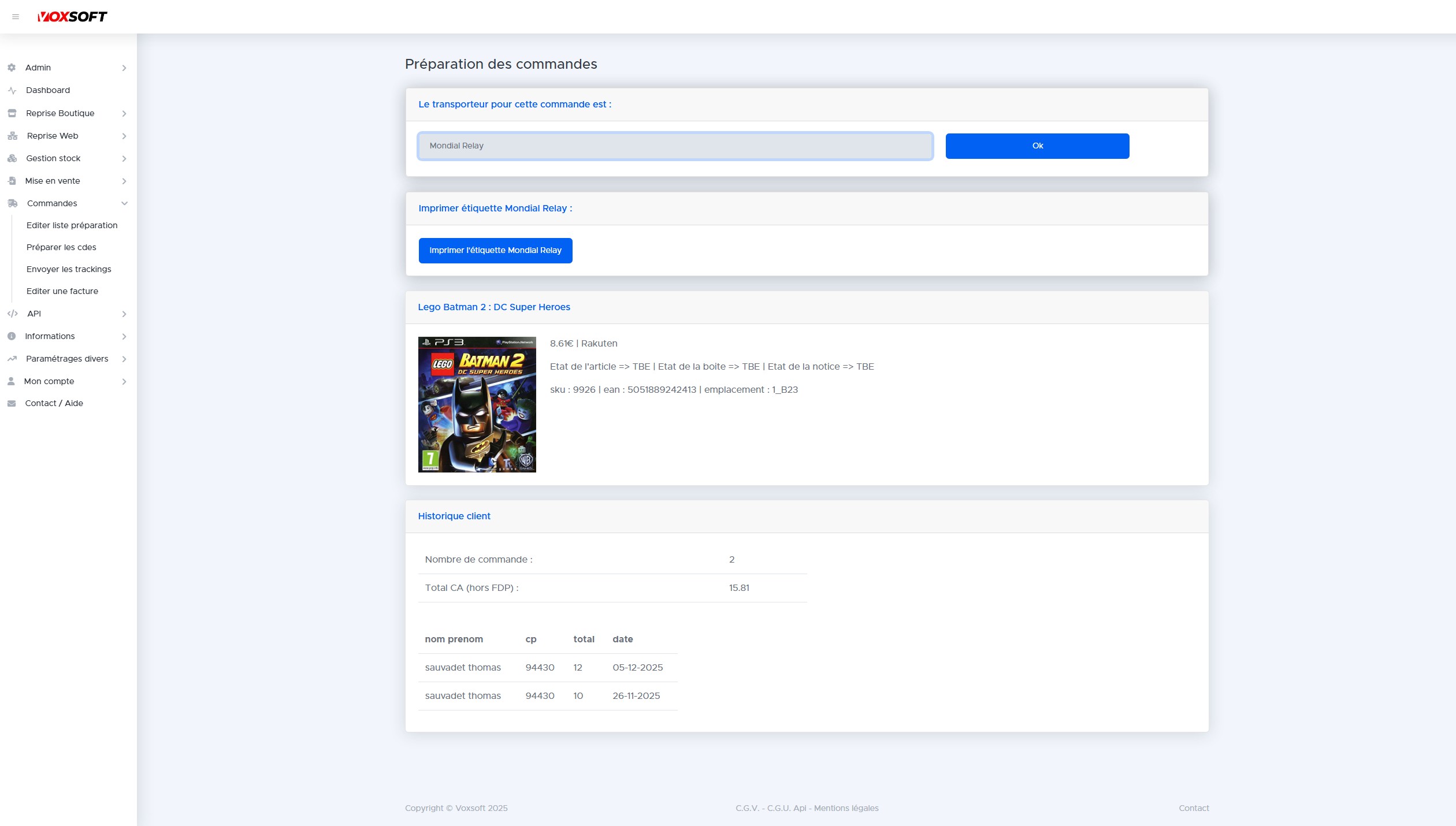 Écran d'expédition Mondial Relay avec bouton d'impression d'étiquette.