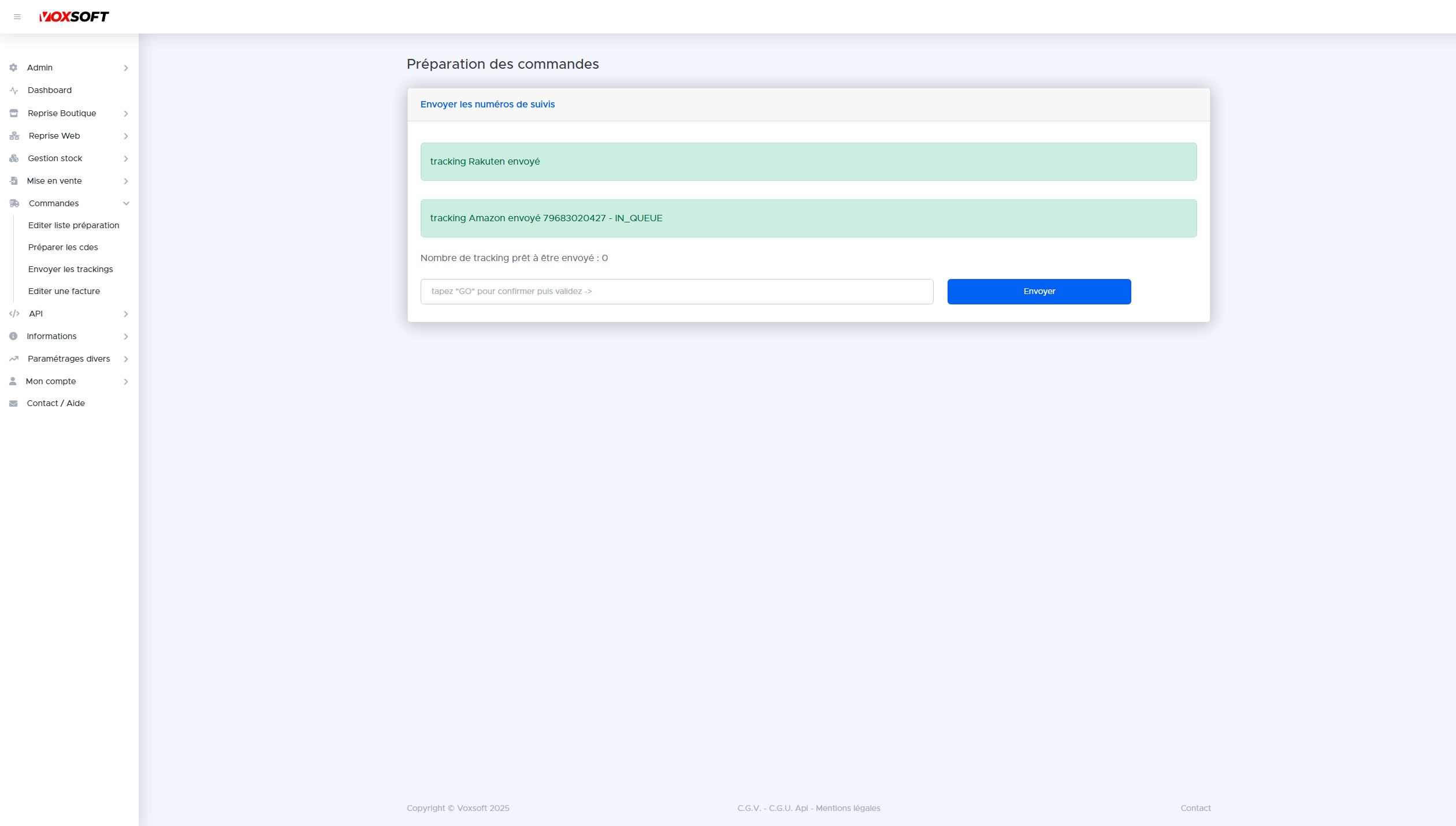 Écran d'envoi des numéros de suivi aux marketplaces.