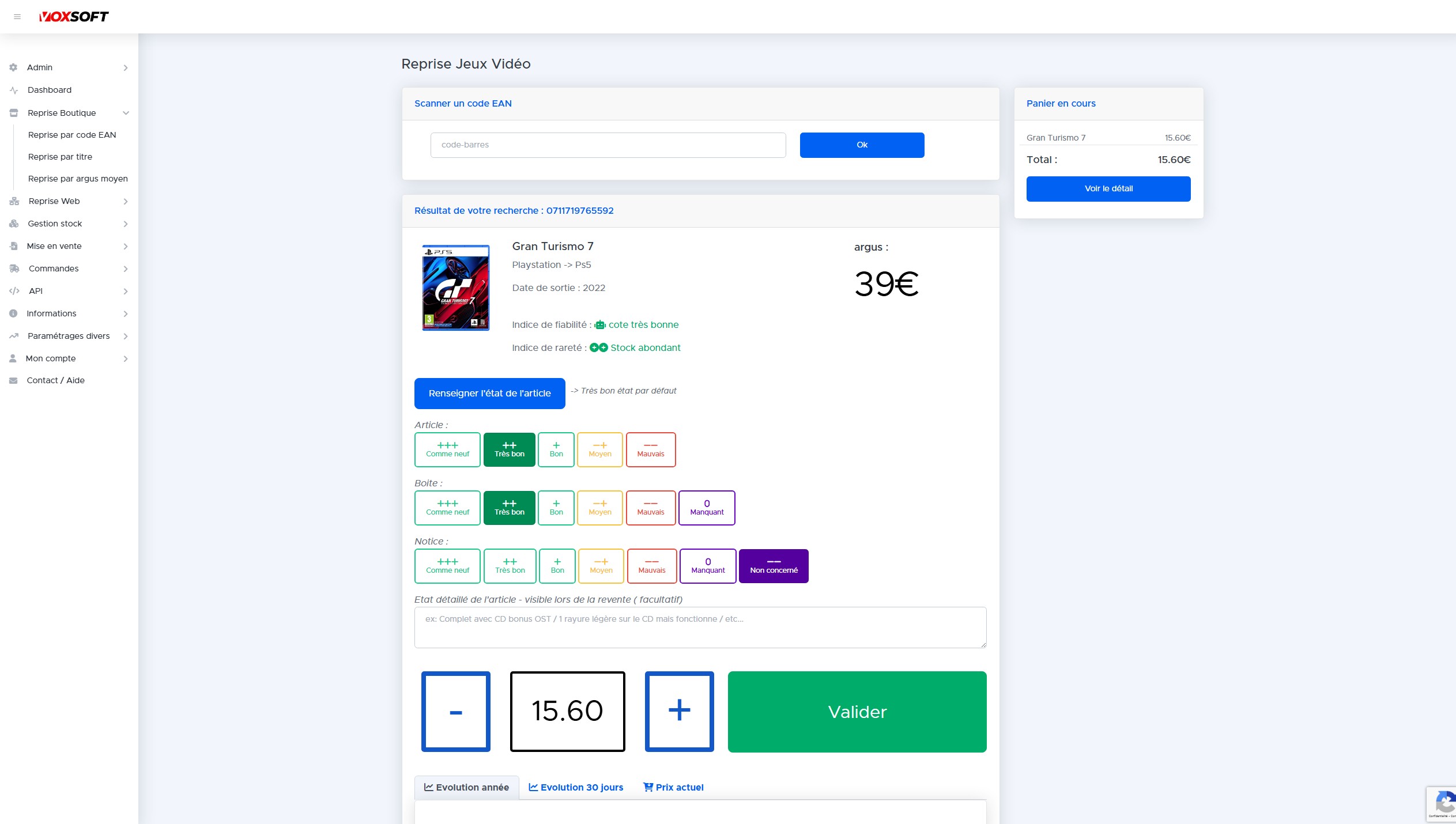 Interface de reprise avec fiche argus, indicateurs de fiabilité et panier de rachat.