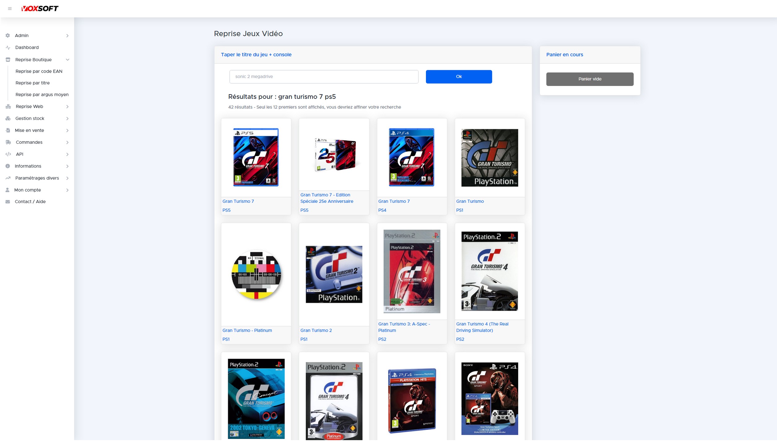 Grille de résultats de recherche par titre avec jaquettes et plateformes.