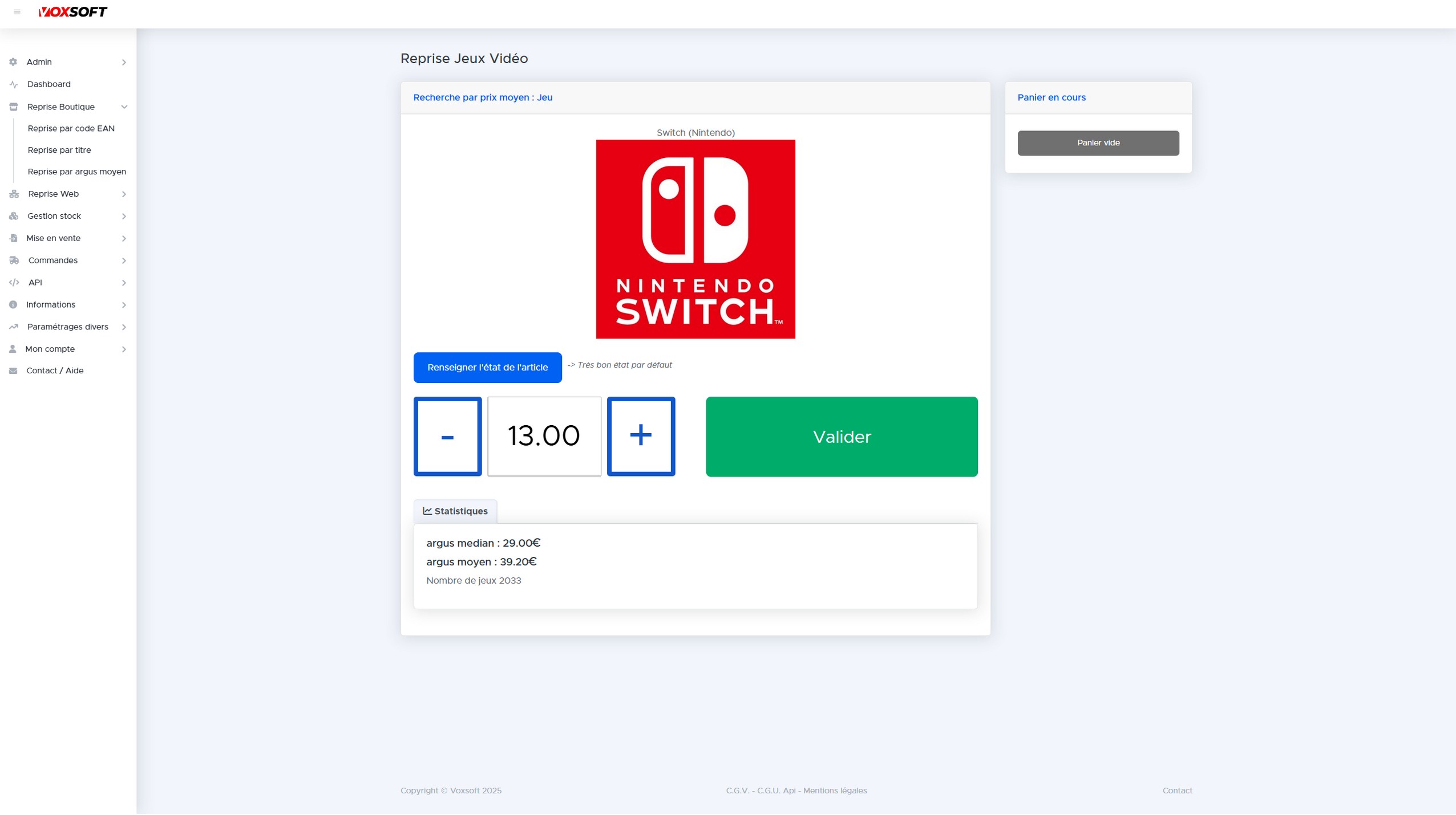 Écran de reprise par prix moyen avec statistiques par console.