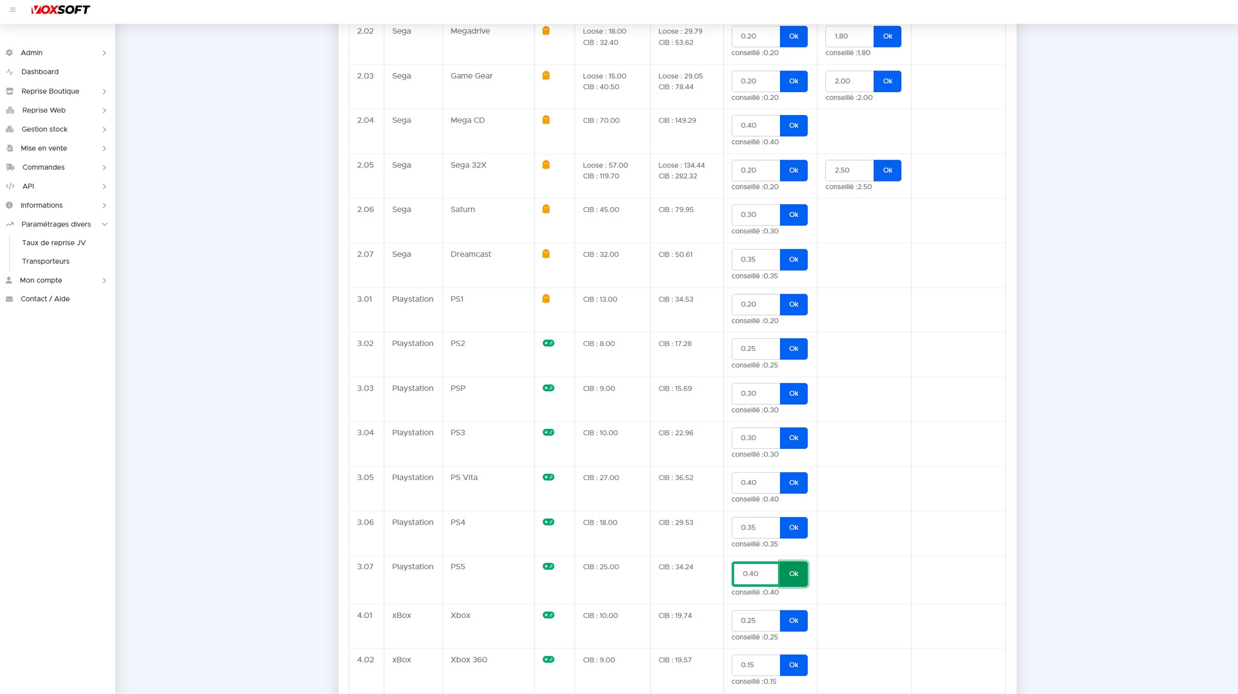 Tableau de configuration des taux de reprise par constructeur et console.