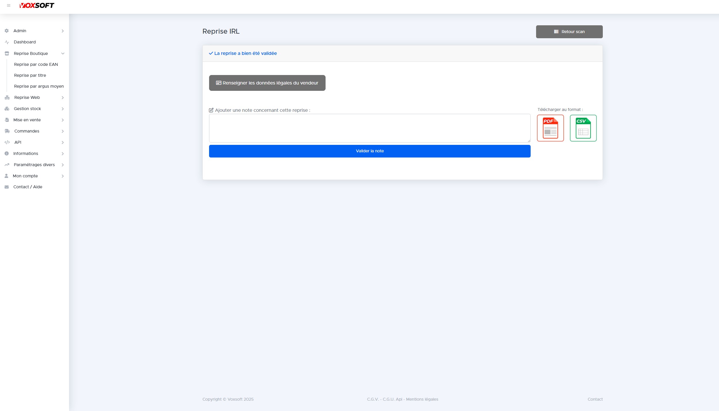 Écran de validation avec confirmation, données vendeur et exports PDF/CSV.