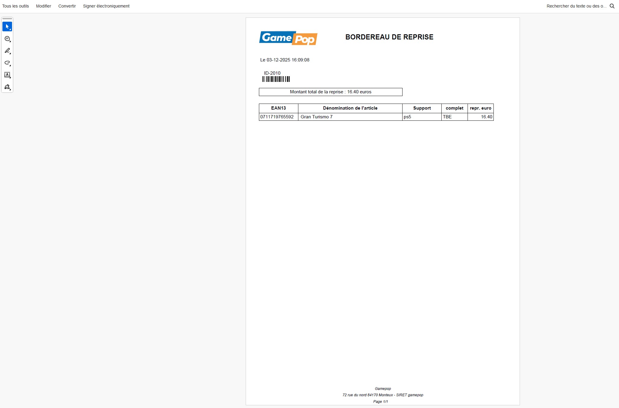 Bordereau de reprise PDF avec détail des articles et coordonnées du magasin.