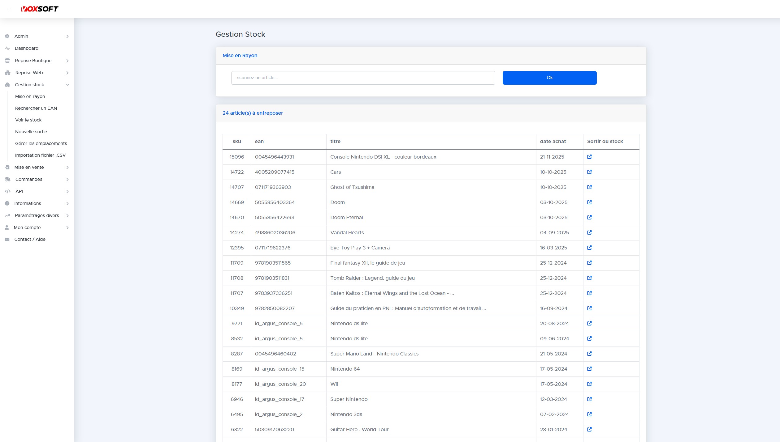 Interface de mise en rayon avec liste des articles en attente et champ de scan.