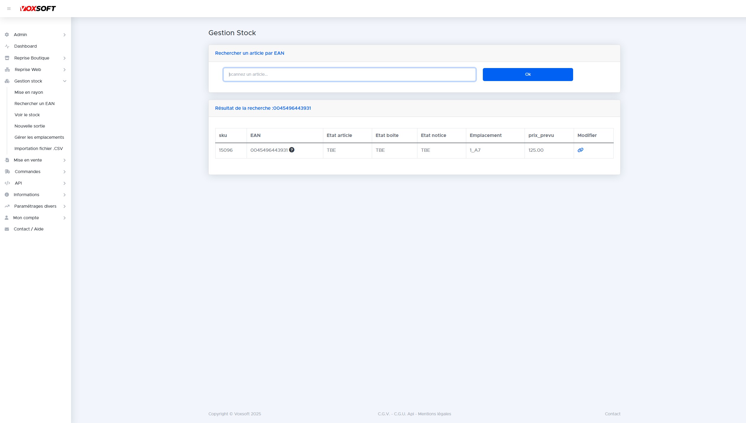 Résultat de recherche par EAN avec emplacement et état de l'article.