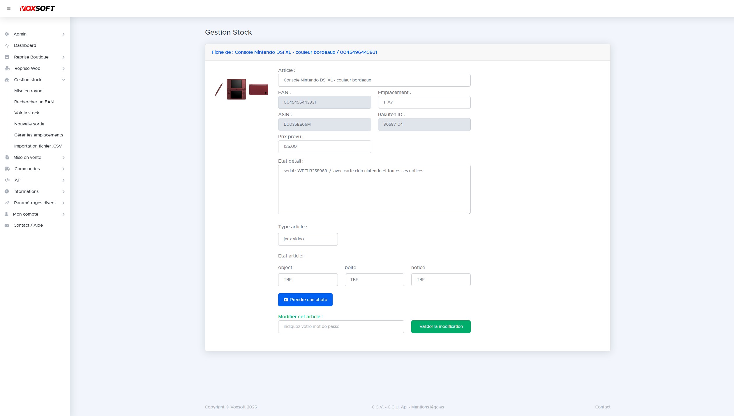 Fiche article avec photos, identifiants marketplace et champs modifiables.