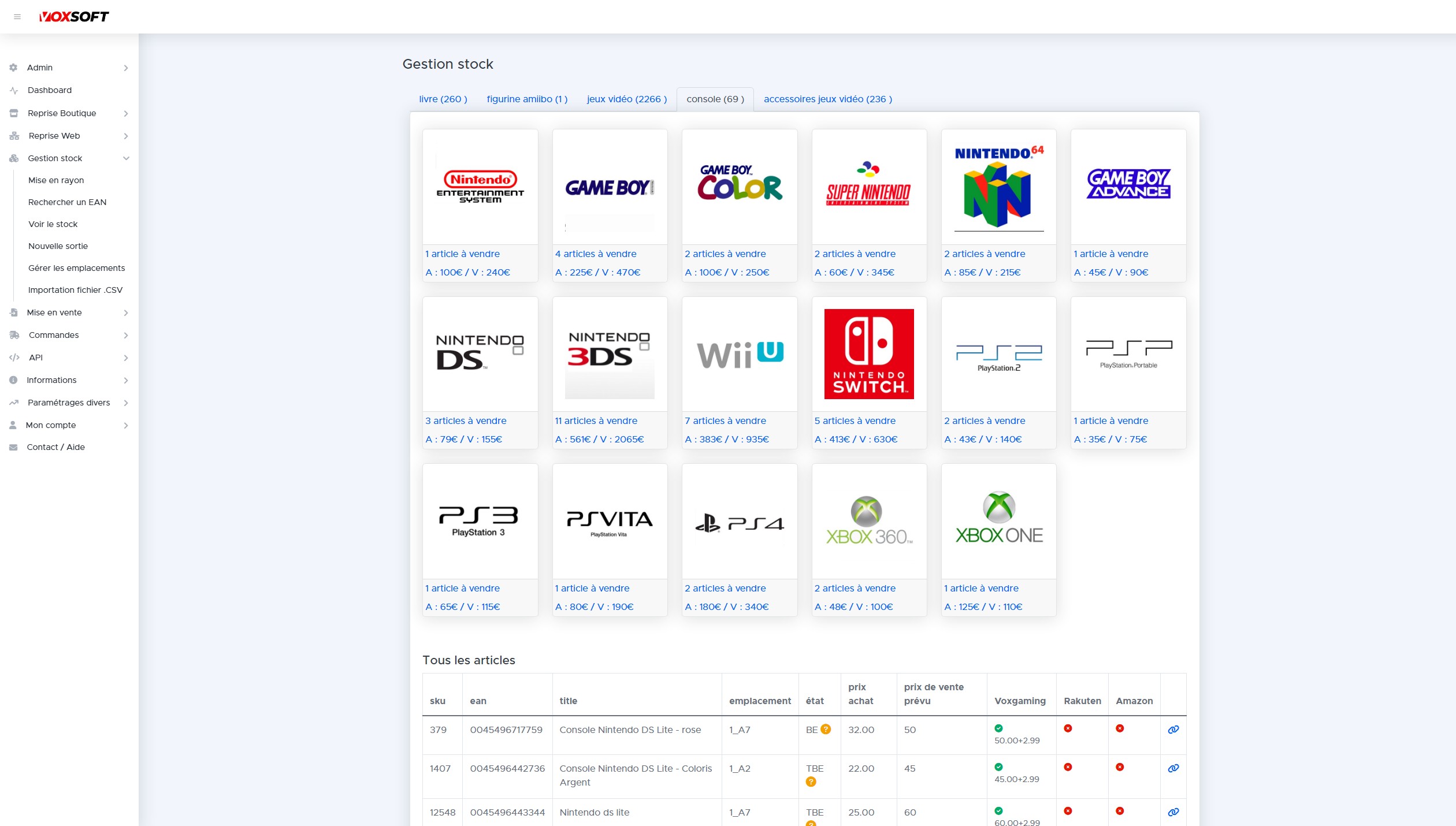 Vue synthétique du stock par support avec vignettes consoles et valorisation.