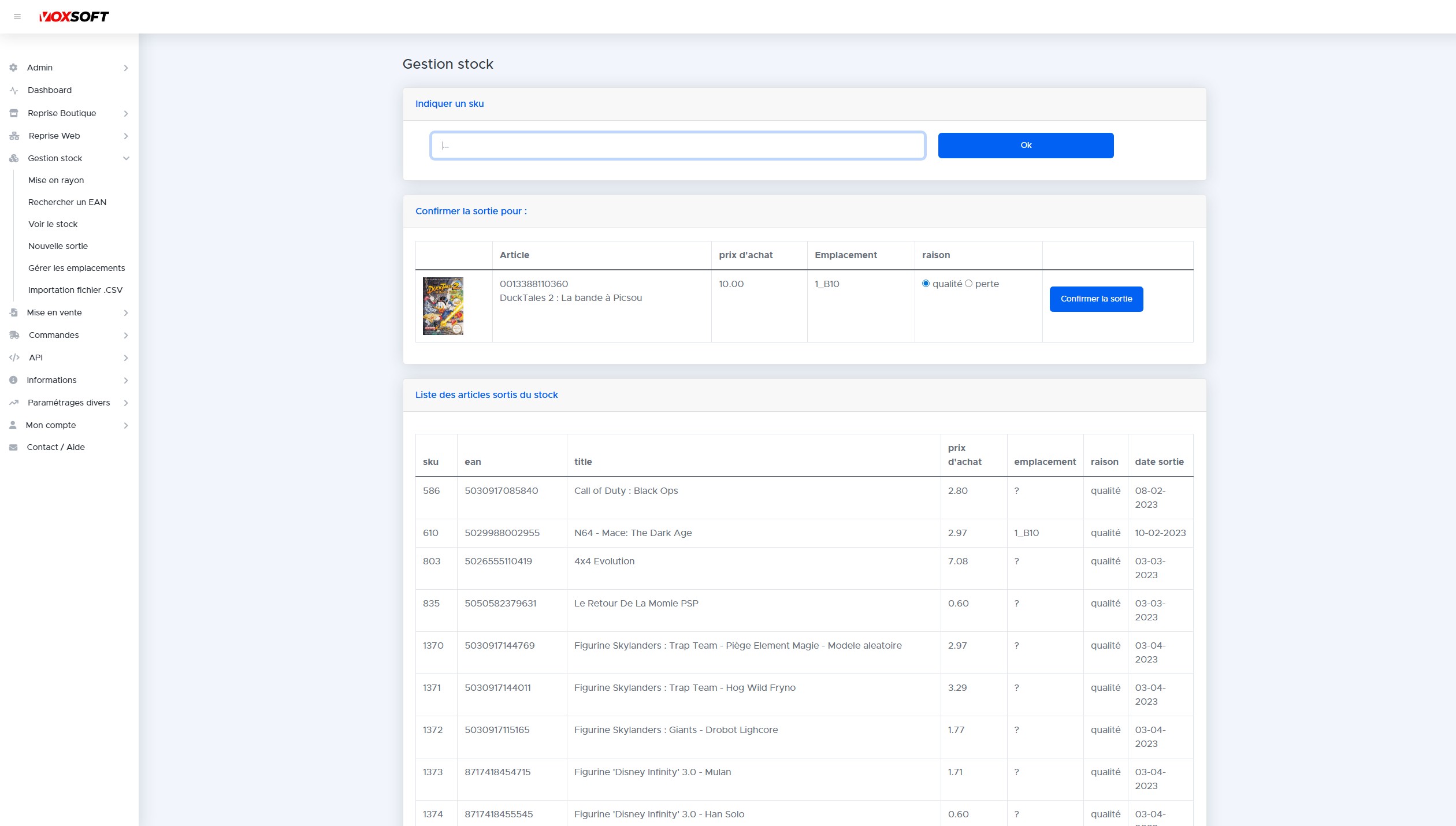Écran de sortie de stock avec motifs et historique des pertes.