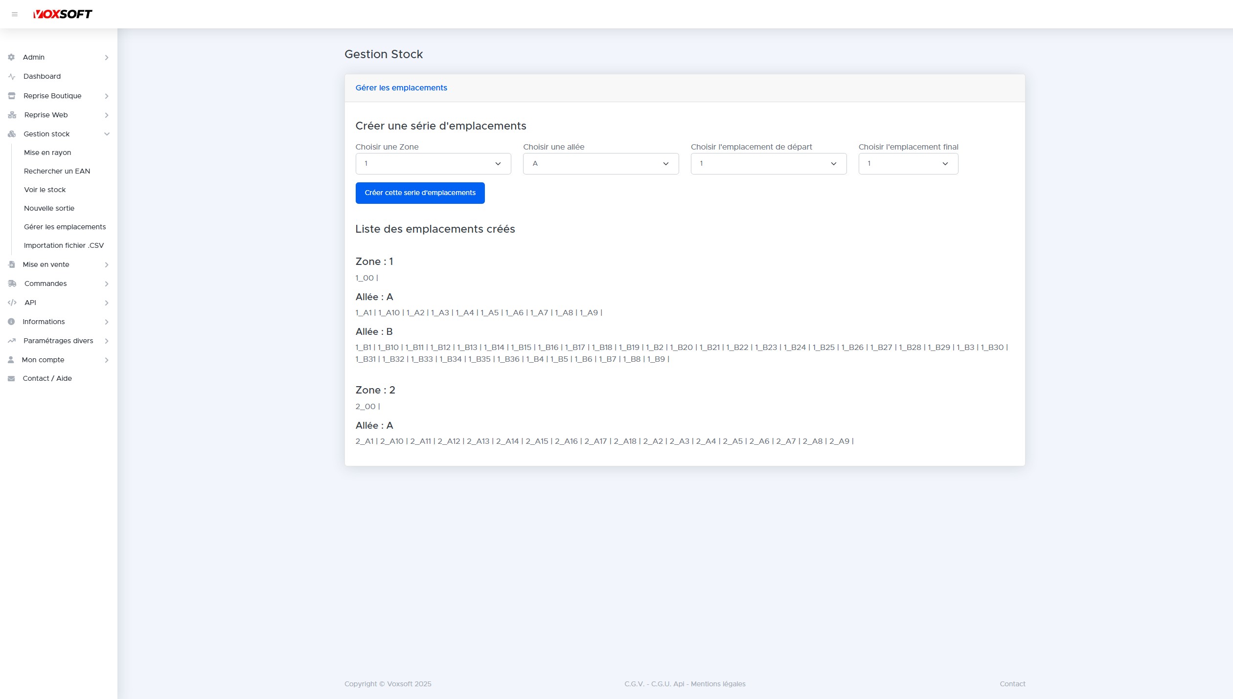 Interface de création des emplacements avec zones, allées et plages numériques.