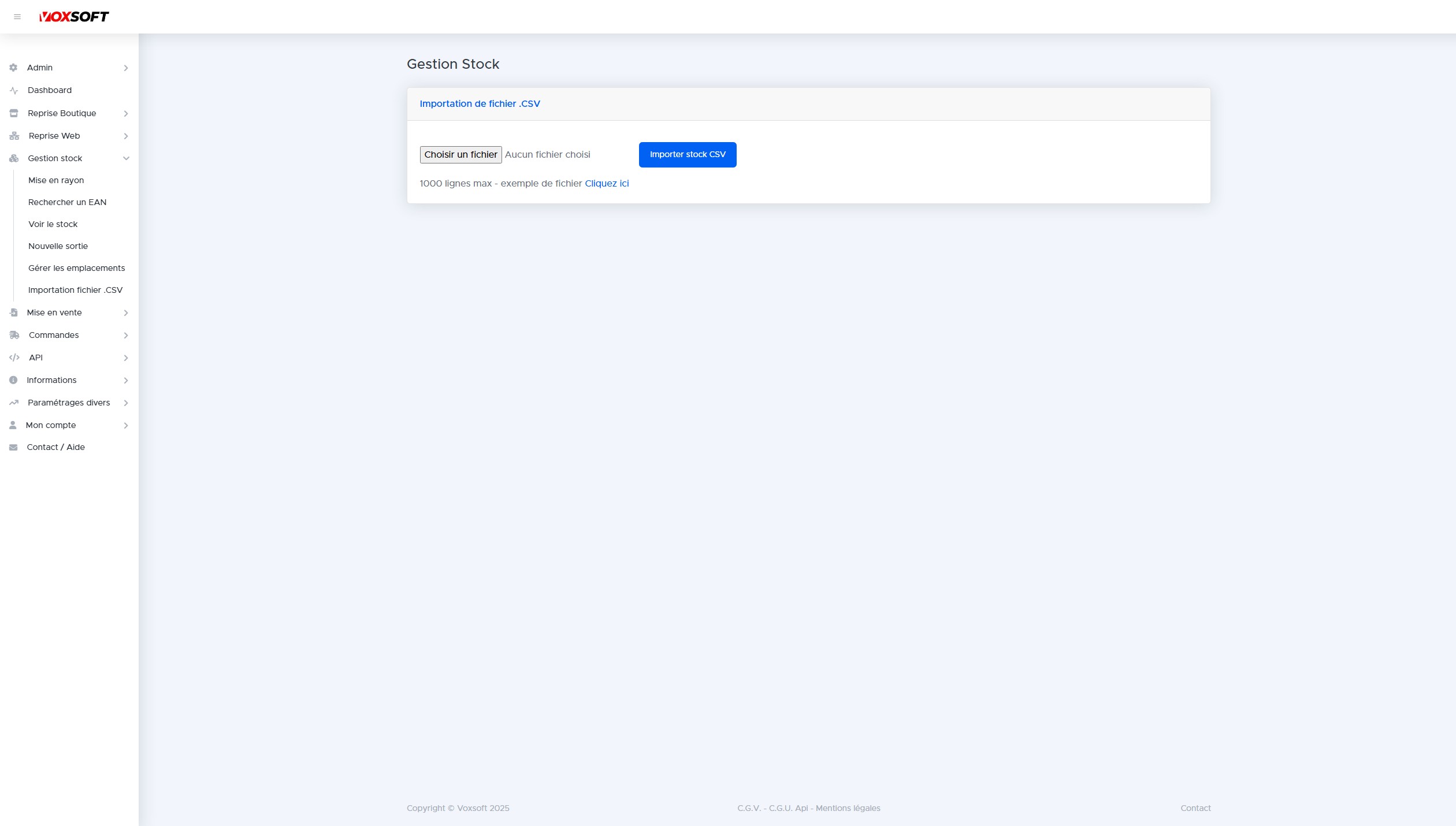 Écran d'importation CSV avec limite de lignes et fichier exemple.