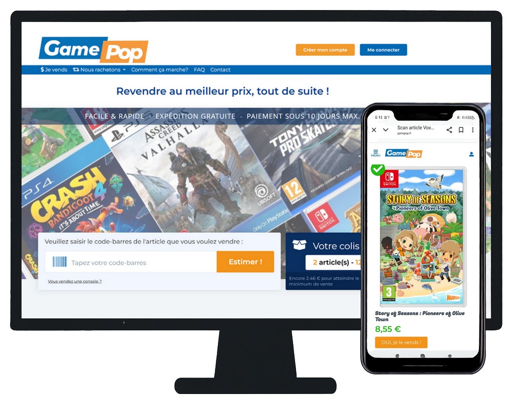 Site de rachat GamePop en version desktop et mobile avec champ de scan.
