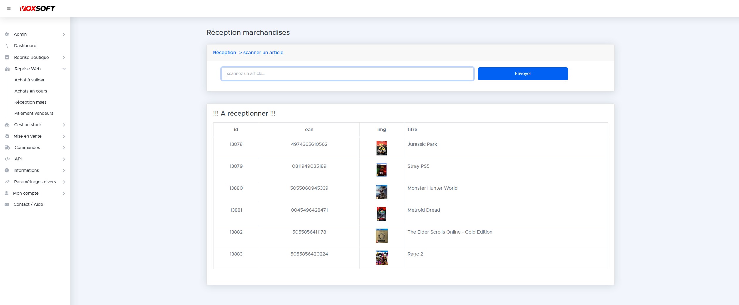 Liste des articles à réceptionner avec EAN, jaquette et titre.