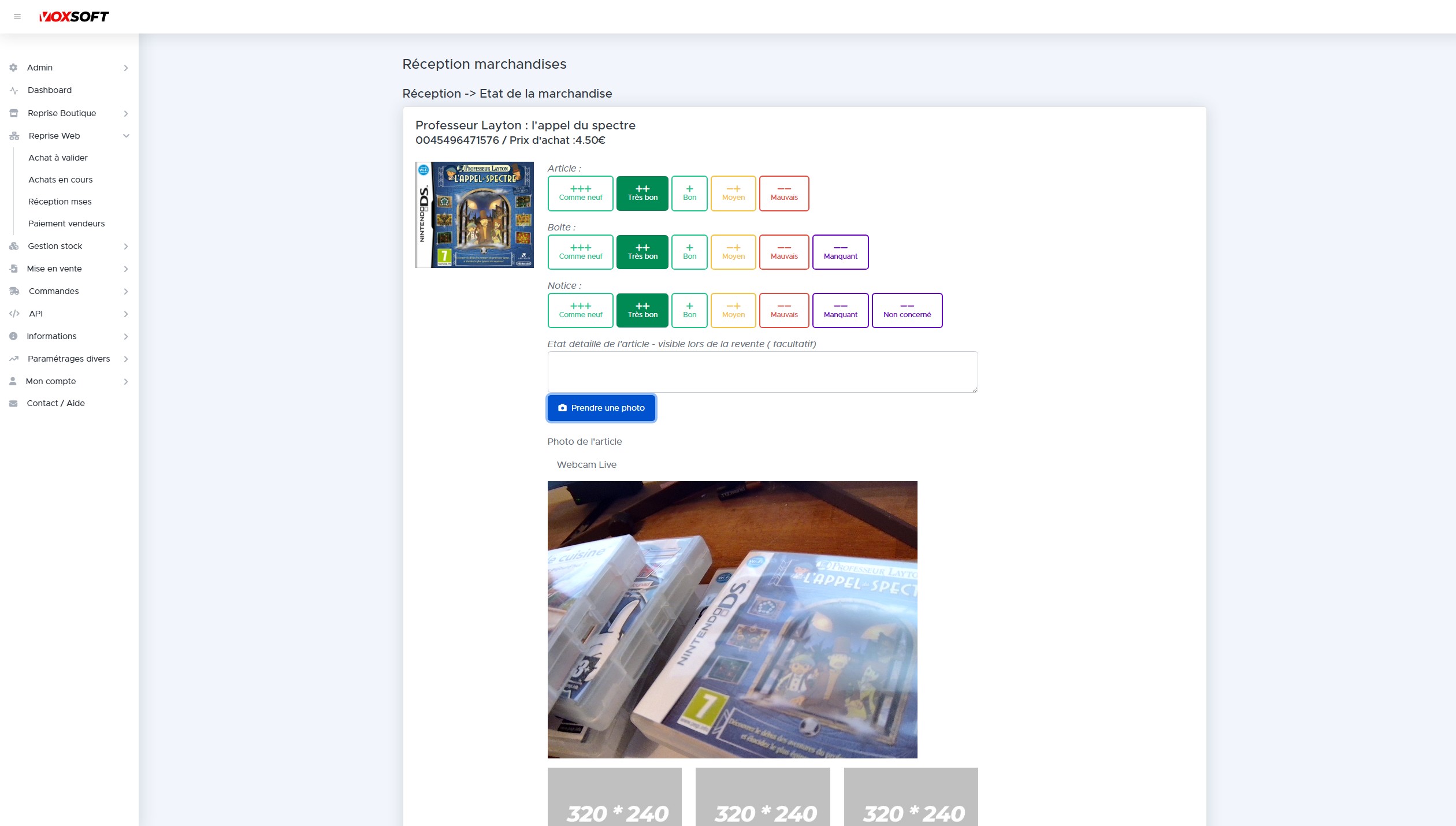 Fiche de réception article avec état, commentaire et prise de photos.
