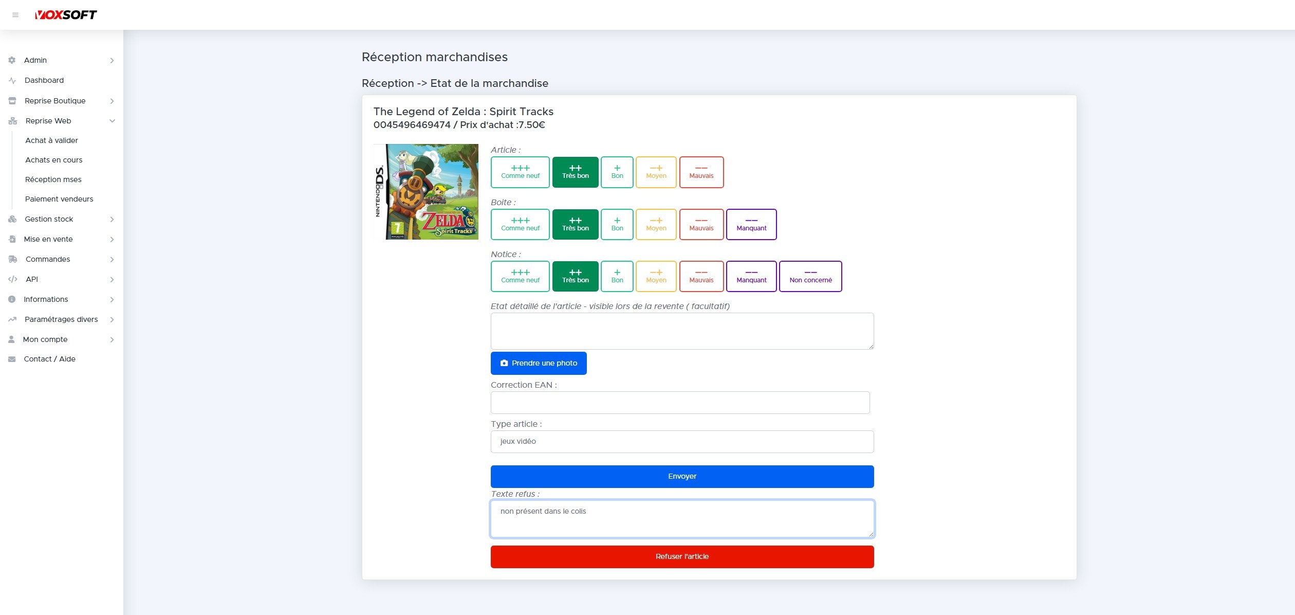 Écran de validation avec boutons Envoyer et Refuser l'article.
