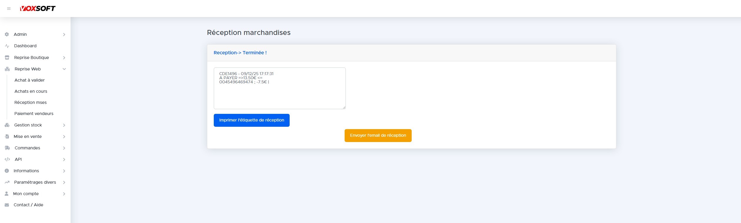 Écran de fin de réception avec montant final et boutons d'impression et d'envoi.