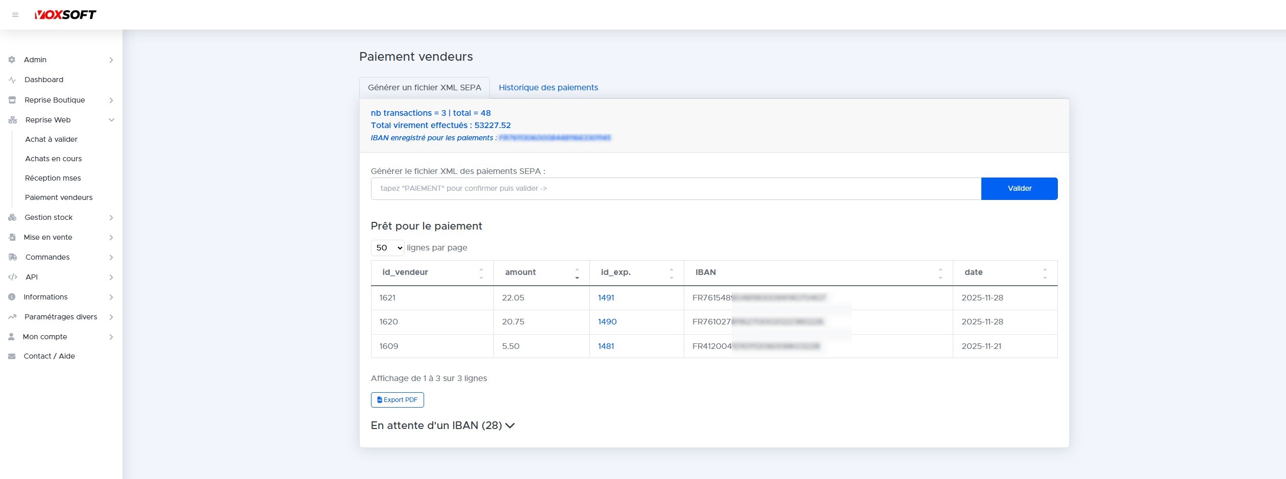 Écran de paiement vendeurs avec génération fichier SEPA XML.