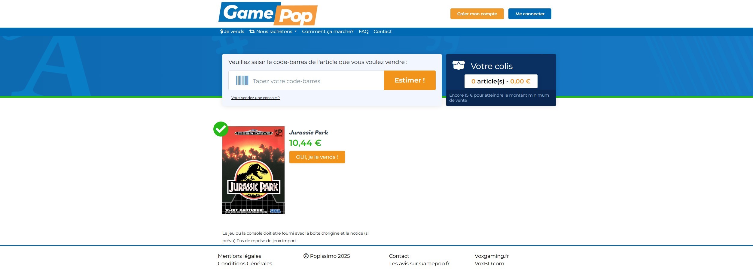 Fiche jeu avec proposition de rachat et bouton Je le vends.