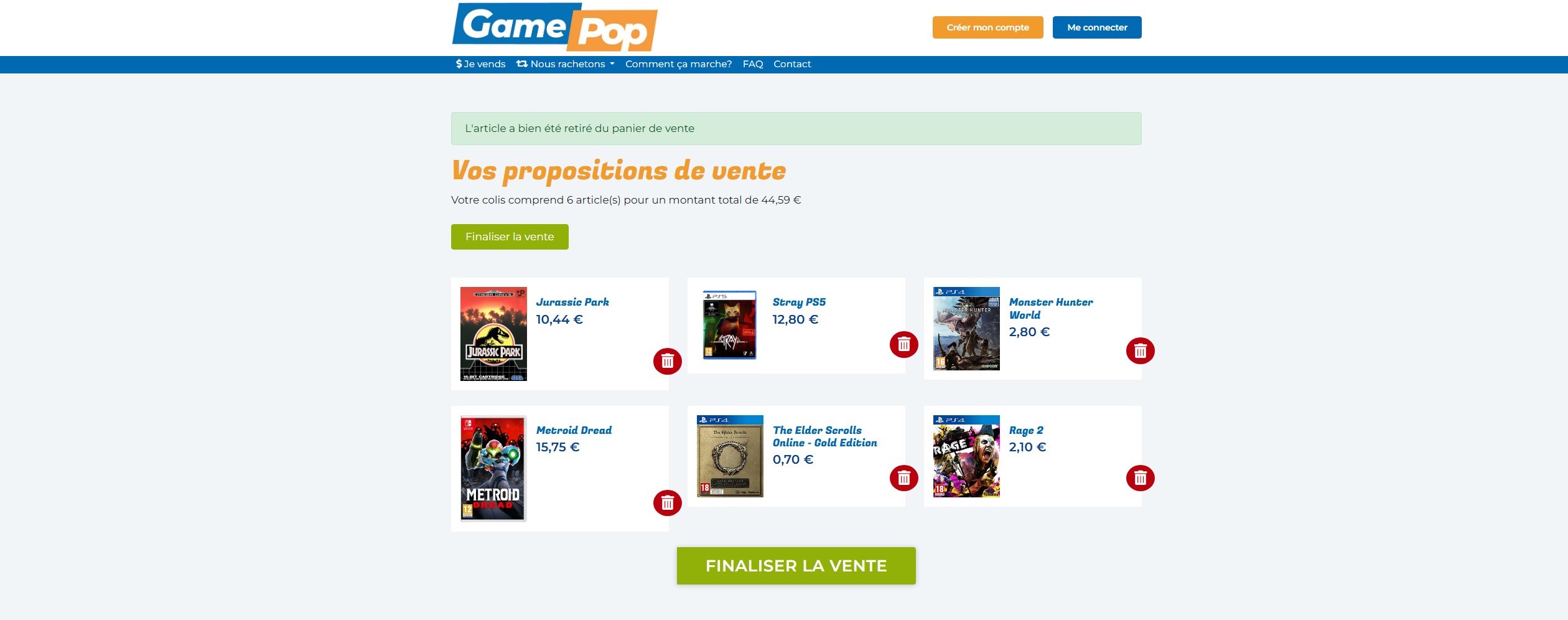 Récapitulatif du panier avec 6 articles et bouton Finaliser la vente.