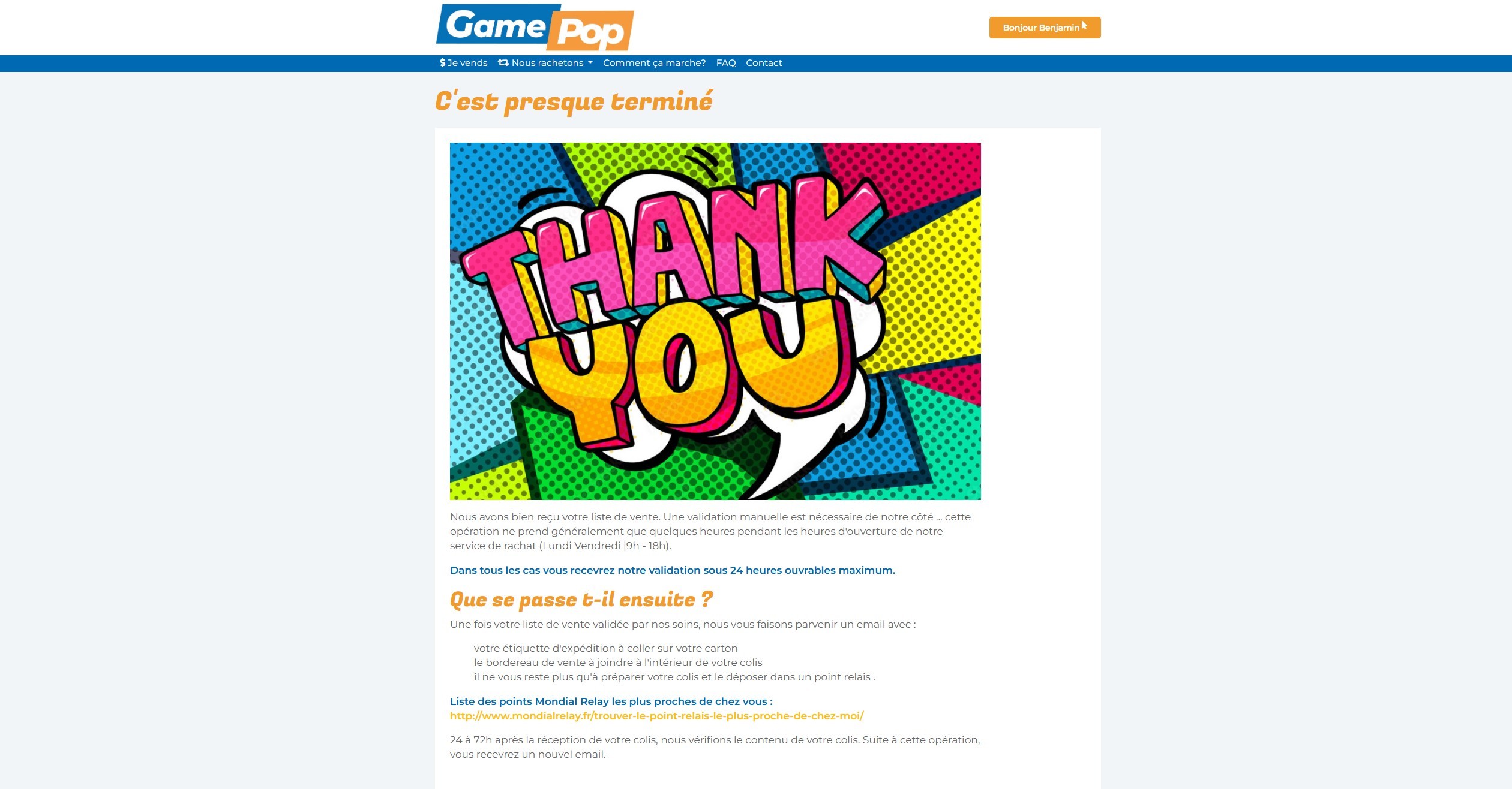 Page de confirmation avec message de validation sous 24h.