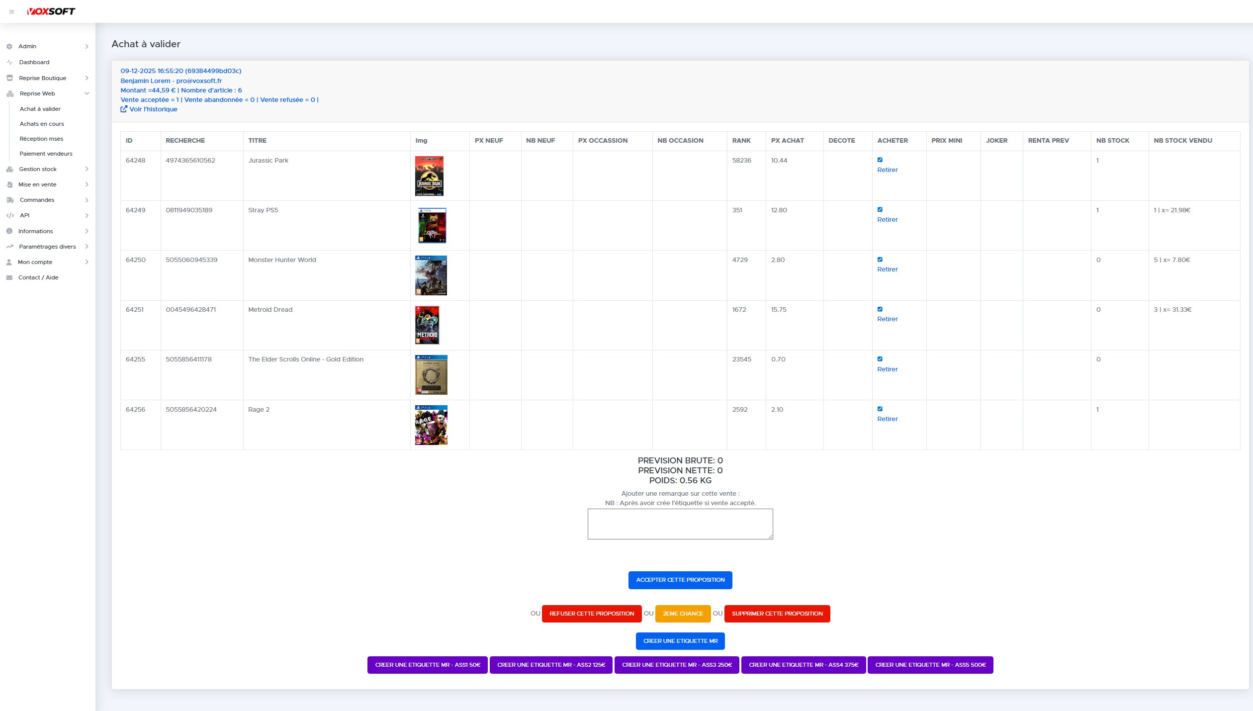 Détail d'une offre avec tableau des articles, stock existant et boutons d'action.