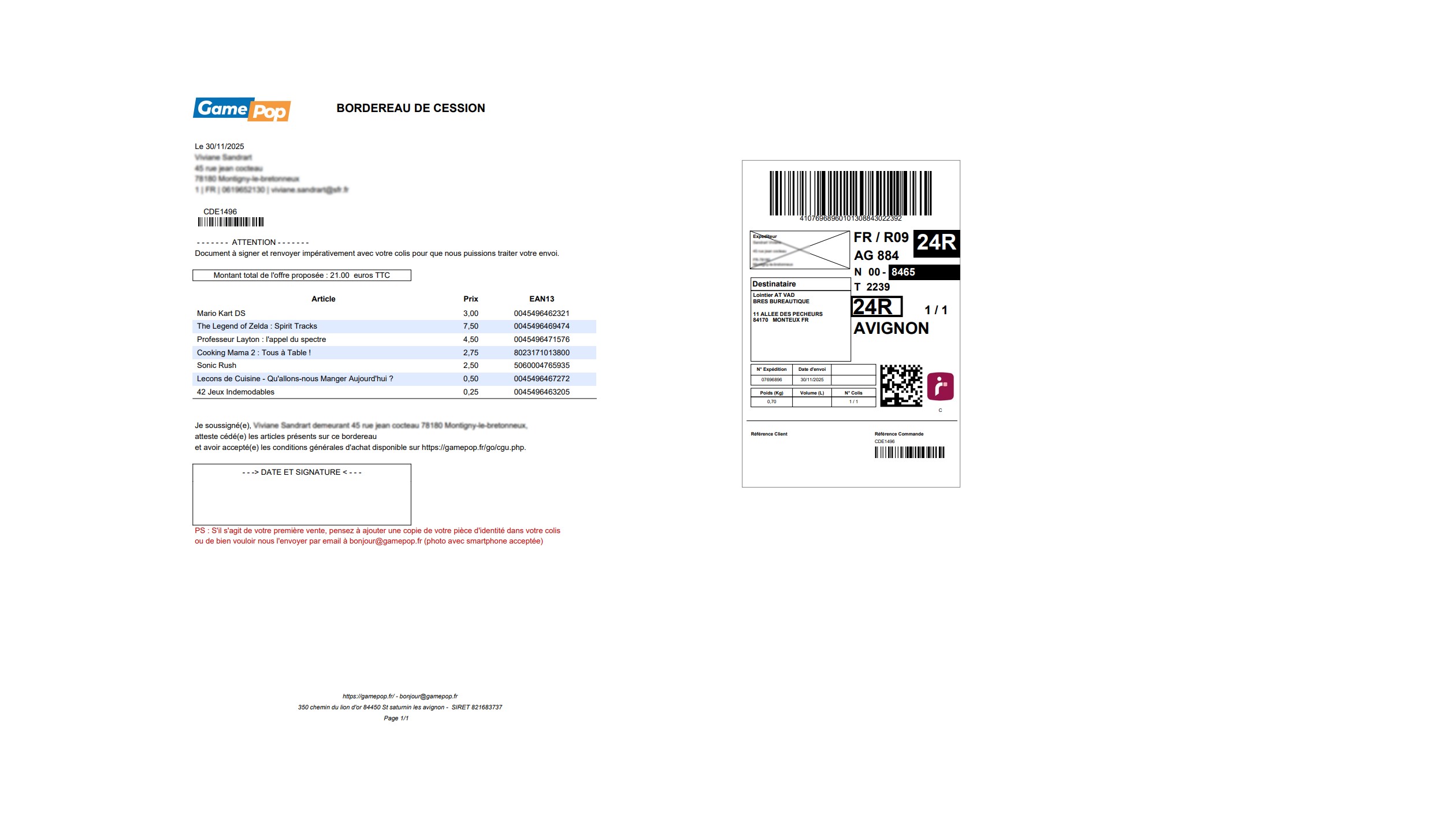 Bordereau de cession et étiquette Mondial Relay générés automatiquement.