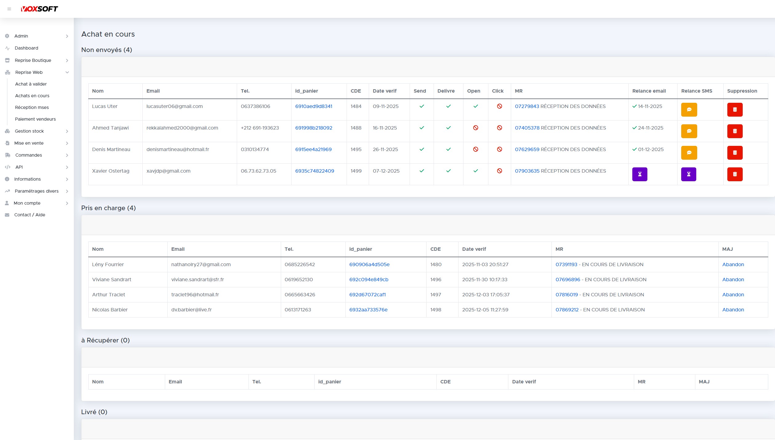 Tableau de suivi des achats avec statuts Non envoyés, Pris en charge, À récupérer, Livré.