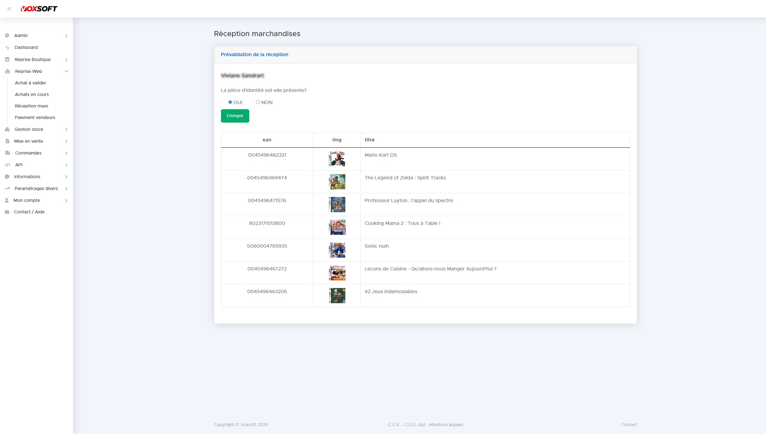 Écran de vérification présence pièce d'identité avec liste des articles.